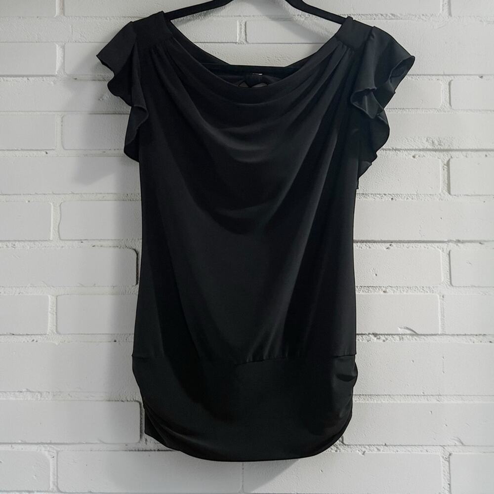 Tempted Black Draped Blouse Small Ruffle Sleeve Keyhole Minimalist Top